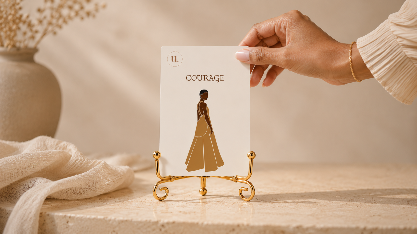 Load video: A short visual guide showing how to use The Courage Series affirmation cards with the Signature Gold Stand.