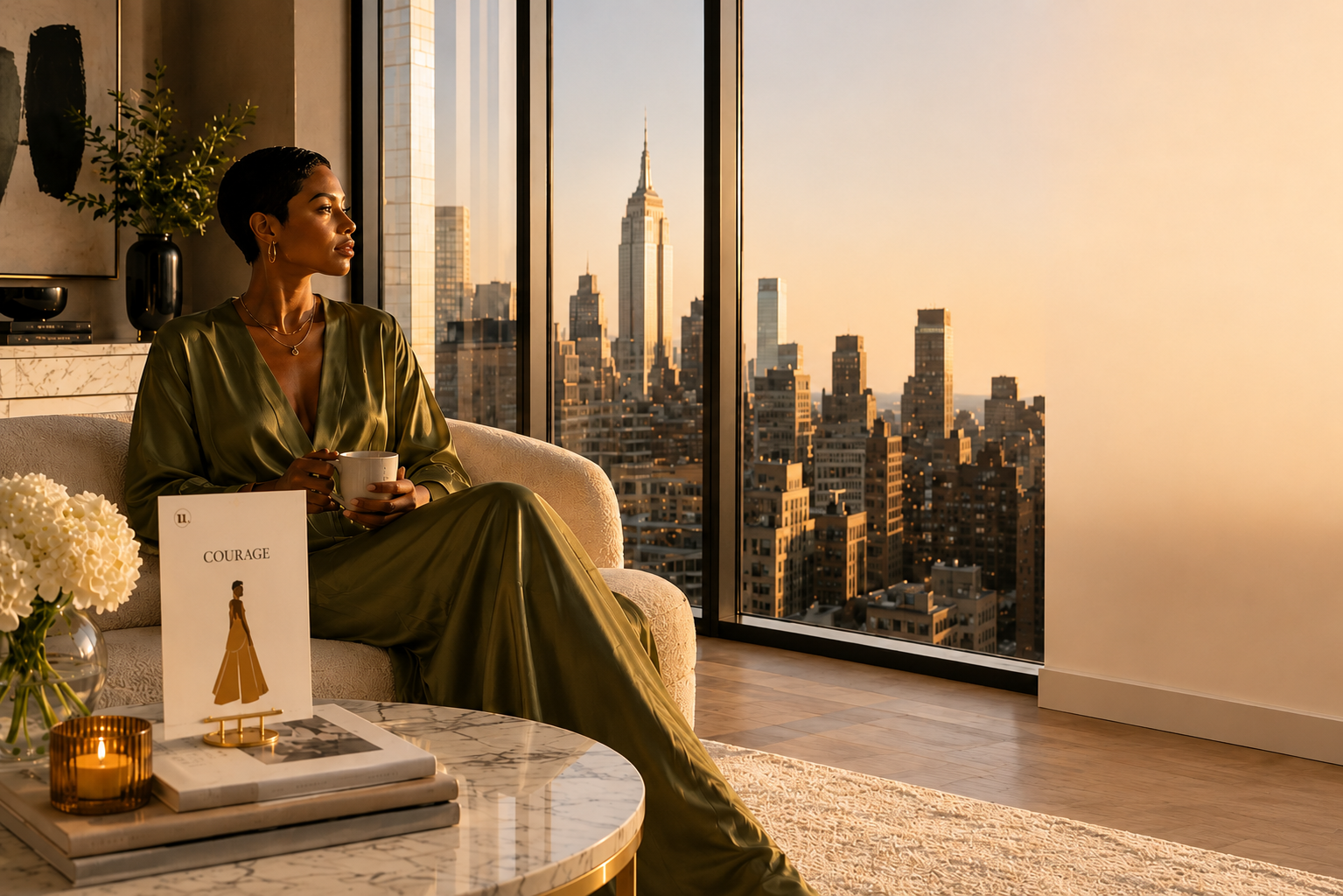 Woman seated in a luxury apartment with city views and The Courage Series displayed on a gold stand.