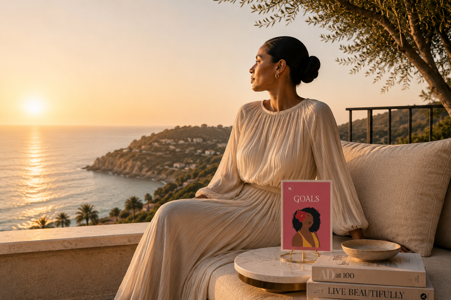 Woman overlooking the ocean at sunset with The Courage Series™ displayed on a gold stand.
