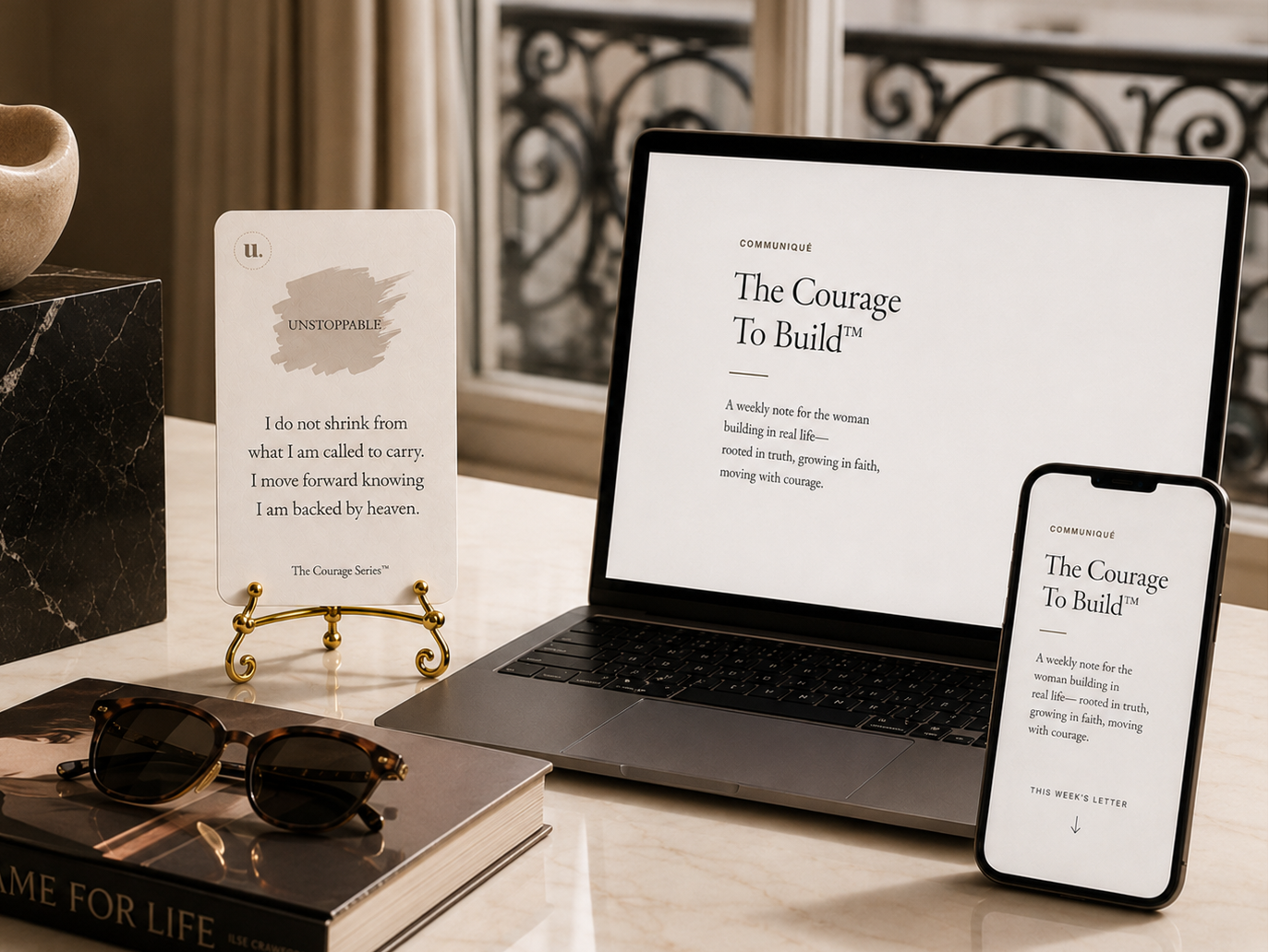 The Courage to Build weekly communiqué shown on laptop and phone beside The Courage Series card set.