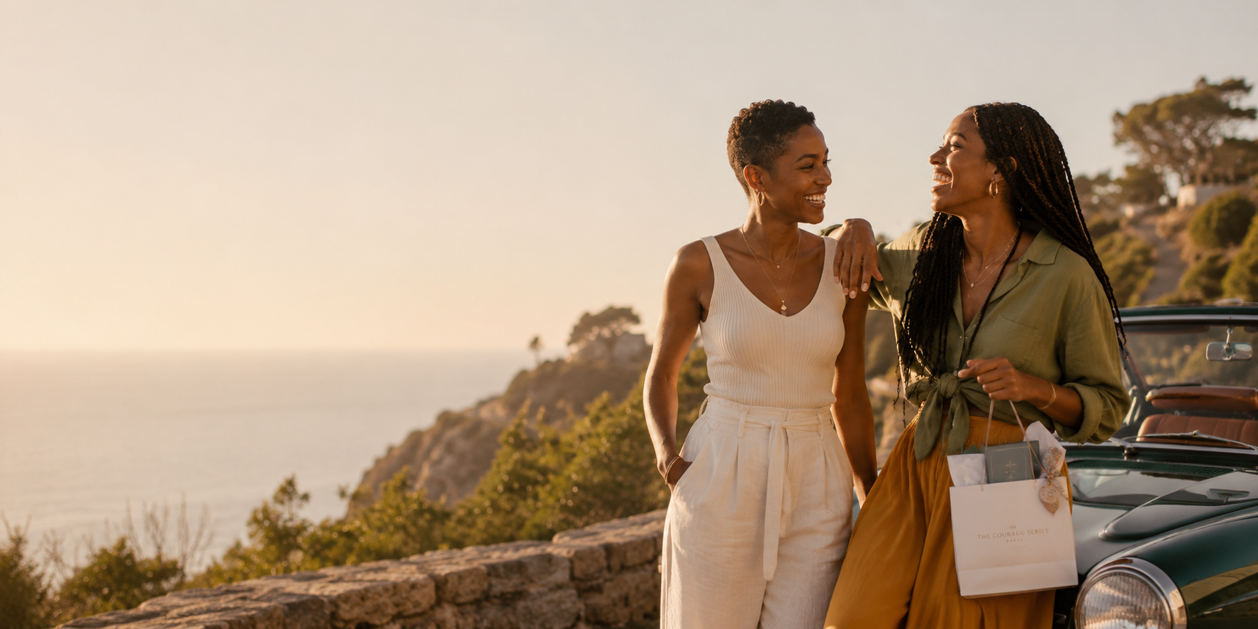 Two stylish Black women laughing together beside a vintage convertible during golden hour, carrying a gift bag from The Courage Series and enjoying time together on a coastal drive