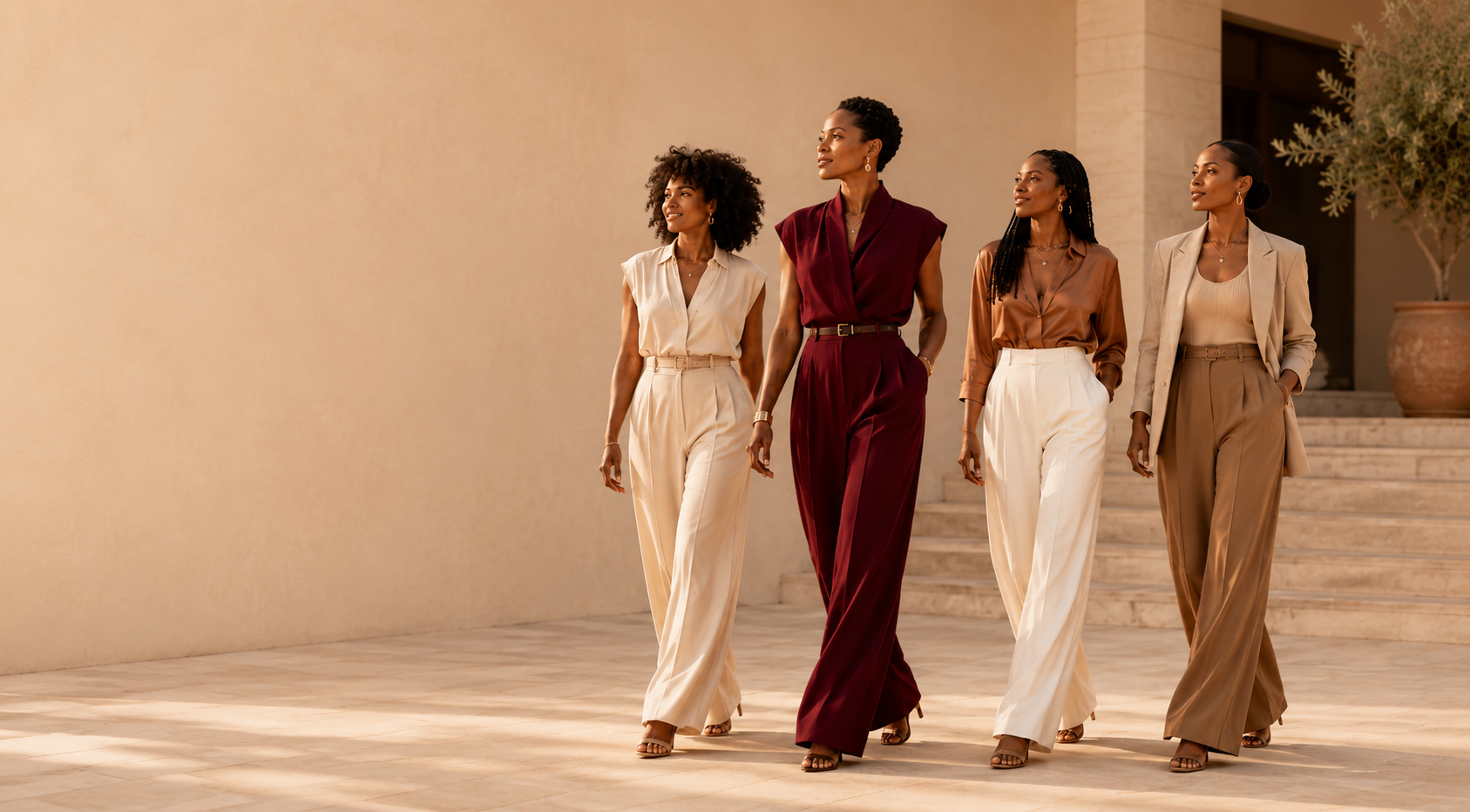 Four accomplished Black women with distinct hairstyles and skin tones walking together in elegant neutral and burgundy attire, representing leadership, mentorship, and community.