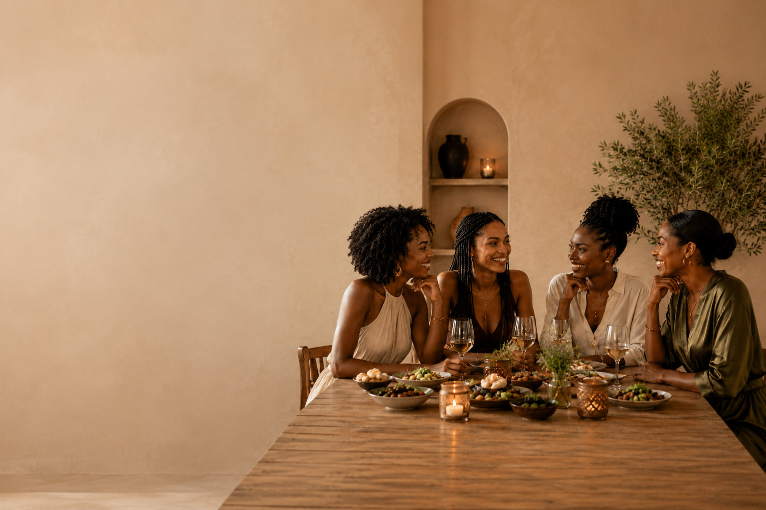 Five Black women with different hairstyles and skin tones gathered around a candlelit table, sharing conversation, food, and laughter during an intimate evening gathering.