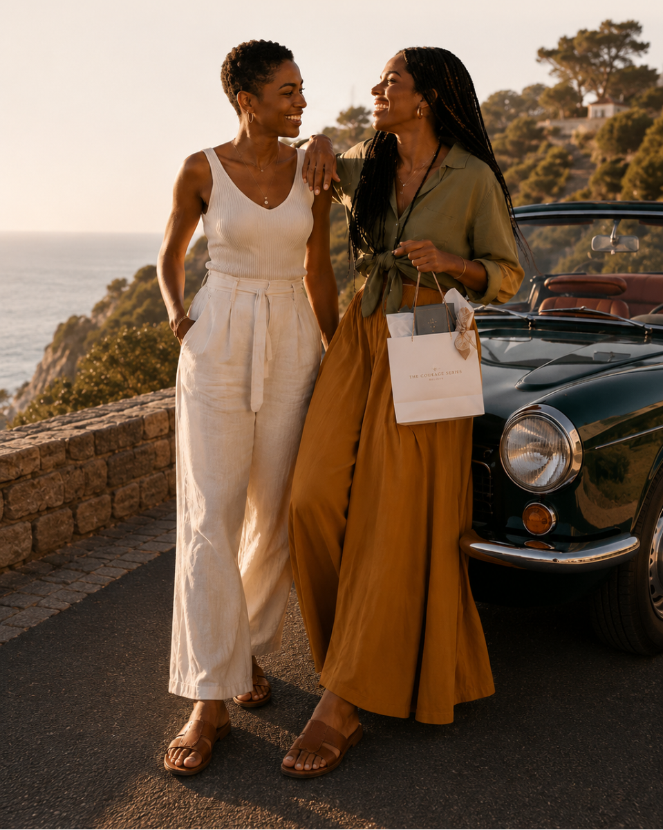 Two Black women smiling and walking together beside a vintage car at golden hour, celebrating friendship and a meaningful gift.