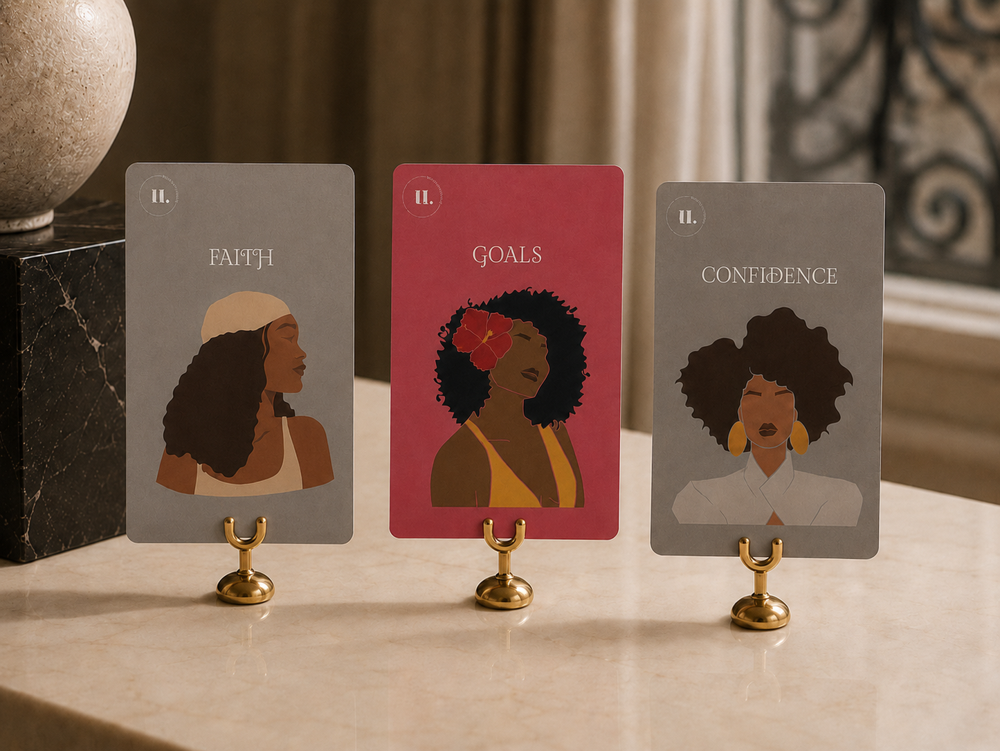 Three Courage Series affirmation cards displayed on gold stands.