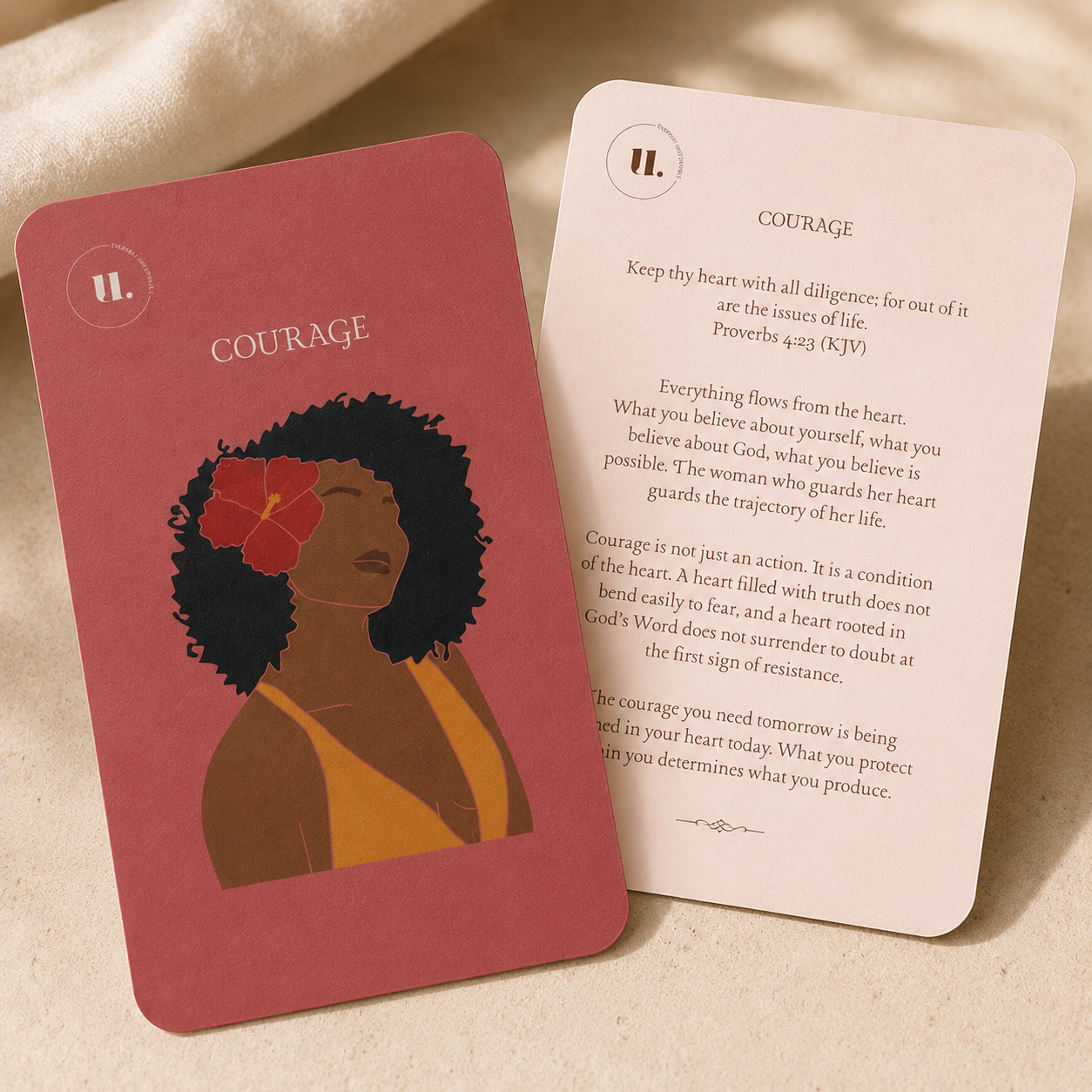 Close-up of The Courage Series affirmation cards showing pillar, KJV scripture, and reflection.