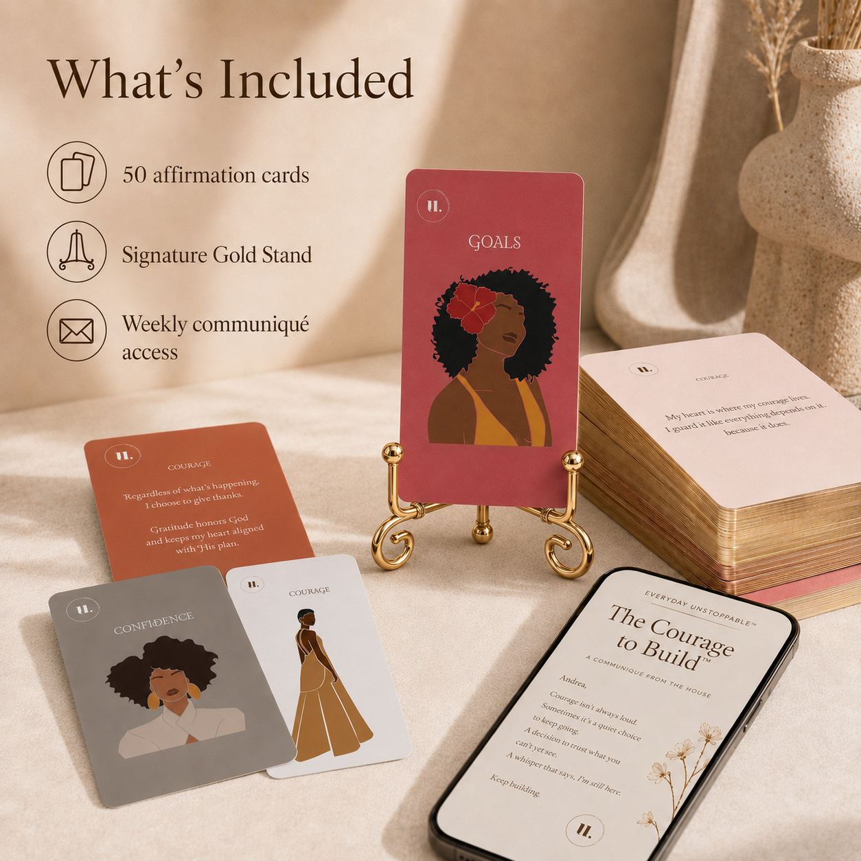What’s included with The Courage Series affirmation card set: 50 cards, Signature Gold Stand, and weekly communiqué access.